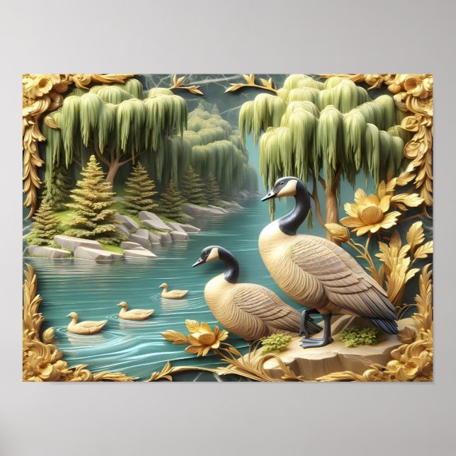 Póster Canadiense Geese en medio de los llorones Willows  (Frente)