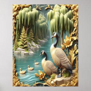 Póster Canadiense Geese en medio de los llorones Willows 