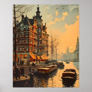 Póster Canal Charm: La tarjeta postal antigua de Amsterda