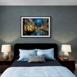 Póster Canal de Venecia por la noche, pintura al óleo   A