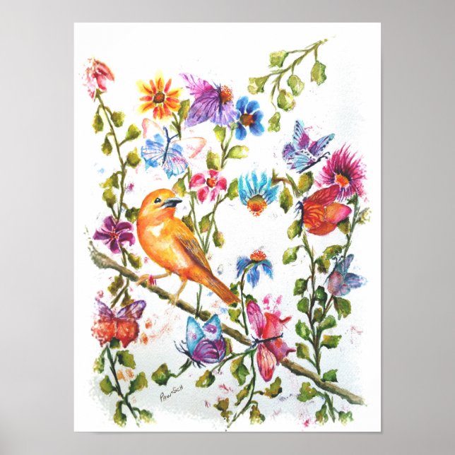 Póster Canario en un jardín de flores (Frente)