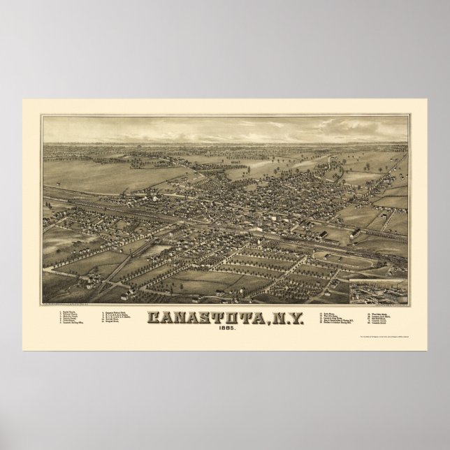 Póster Canastota, Mapa Panorámico de Nueva York - 1885 (Frente)