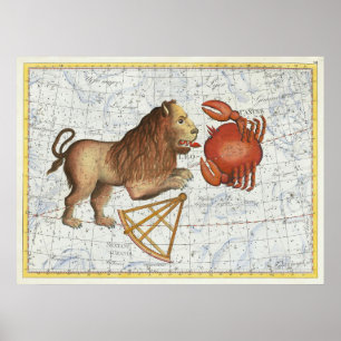 Póster Cáncer Celestial Vintage y Constelaciones Leo