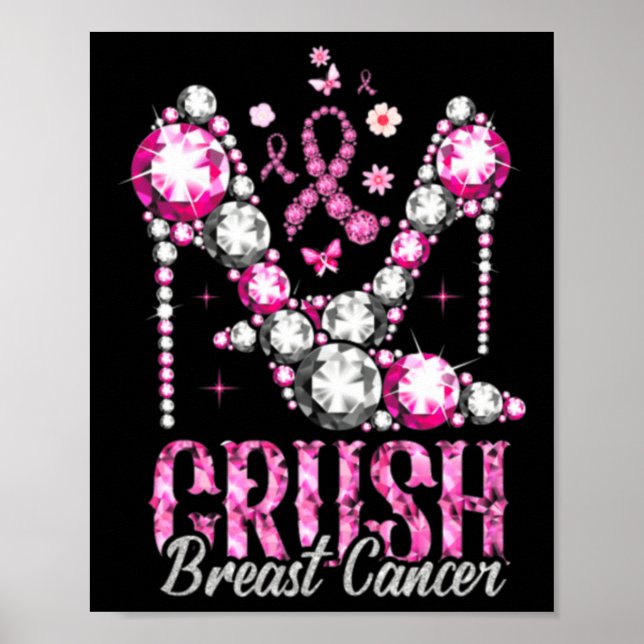 Póster Cáncer de mama machacado Cinta rosada de tacones a (Frente)