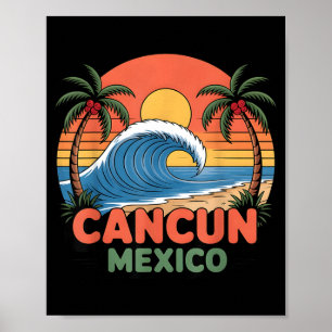 Póster Cancun Retro México Atardecer Palma Playa Verano