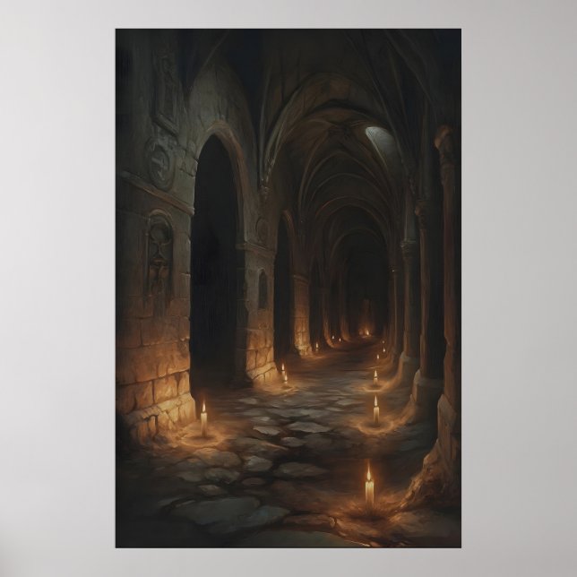 Póster Candlelit Labyrinth Gothic Castle Corridor Art Pri (Frente)