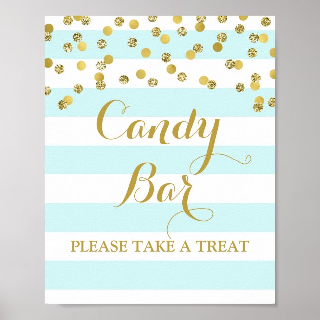 Póster Candy Bar Boda Rótulo Blue Stripe Gold Confetti (Frente)