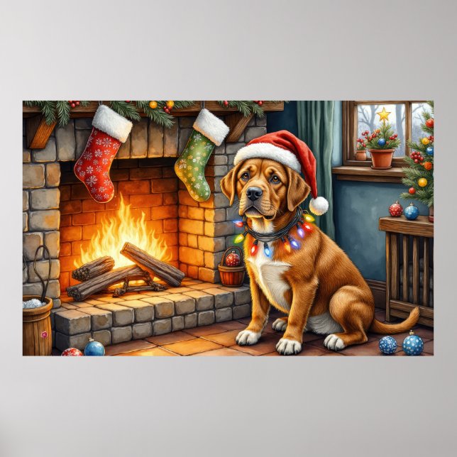Póster Cane Corso Chimenea con Luces de Navidad (Frente)