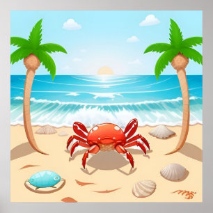 Póster Cangrejo de Dibujos Animados, Palmeras y Conchas d