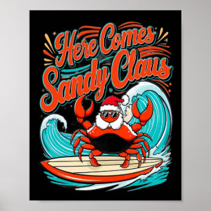 Póster Cangrejo Navidad lindo Pun Santa Hat