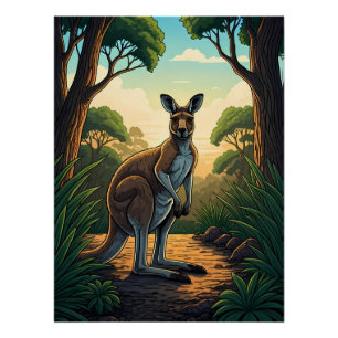 Póster Canguro en bosque iluminado por el sol