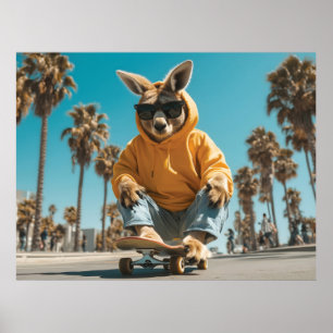 Póster Canguro genial con gafas de sol en un monopatín