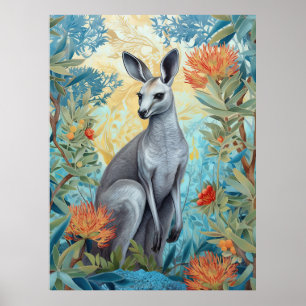 Póster Canguro gris en el arbusto australiano