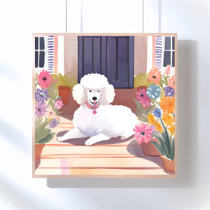 Póster Caniche Blanco   Flores Acuarela de Mascota Perro