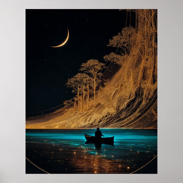 Póster Canoa de madera y luna creciente, agua azul brilla (Frente)