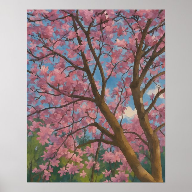 Póster Canopy de primavera - Pintura de árbol de flores y (Frente)
