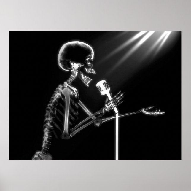 PÓSTER CANTANDO DE X-RAY SKELETON EN RETRO MIC - B&W (Frente)