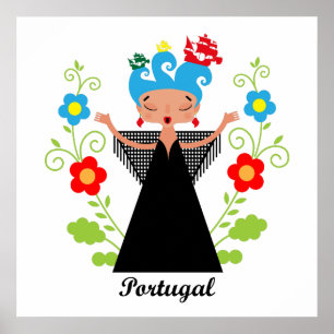 Póster Cantante de fado con barcos de caravanas portugues