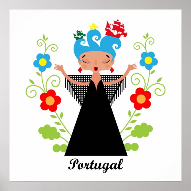 Póster Cantante de fado con barcos de caravanas portugues (Frente)