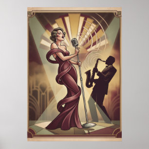 Póster Cantante de Jazz y Saxofonista Art Déco