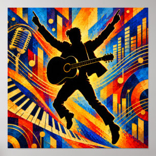 Póster Cantante de Rock Tocando Silueta de Guitarra Acúst