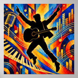 Póster Cantante de Rock Tocando Silueta de Guitarra Acúst