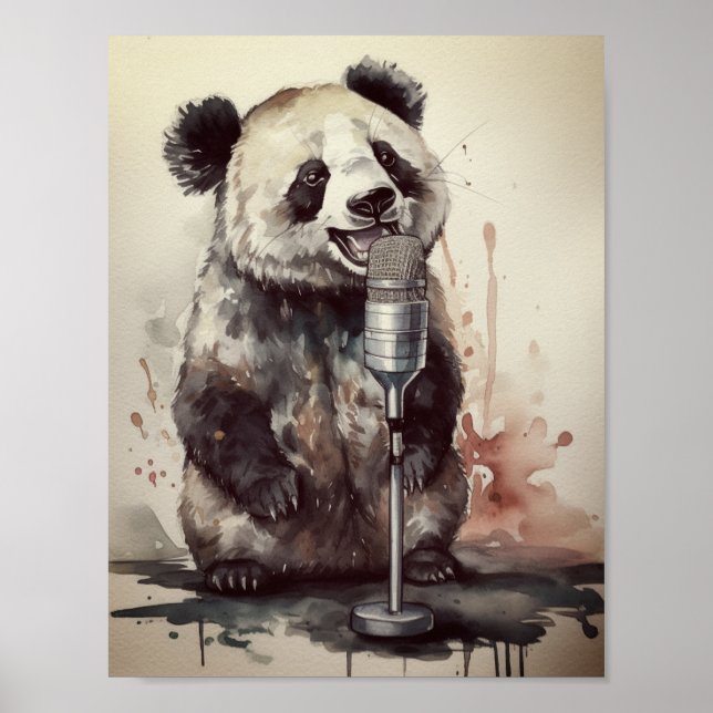 Póster Canto de panda lindo a través del micrófono retro (Frente)