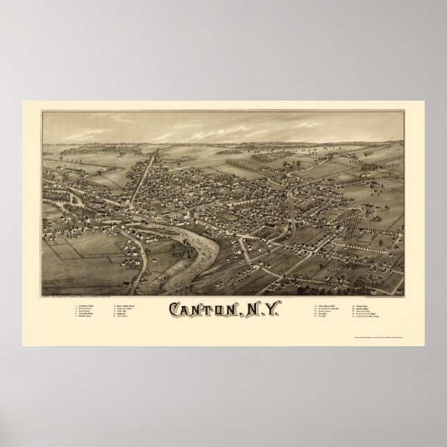 Póster Cantón, Mapa Panorámico de Nueva York - 1885 (Frente)