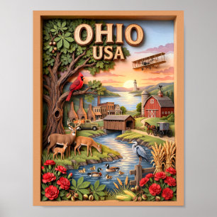 Póster Capa de paisaje en 3D de Ohio con fauna y puesta d
