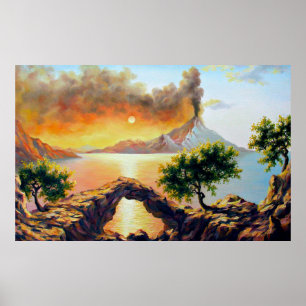 Póster Capa marina con erupción del volcán, aceite sobre