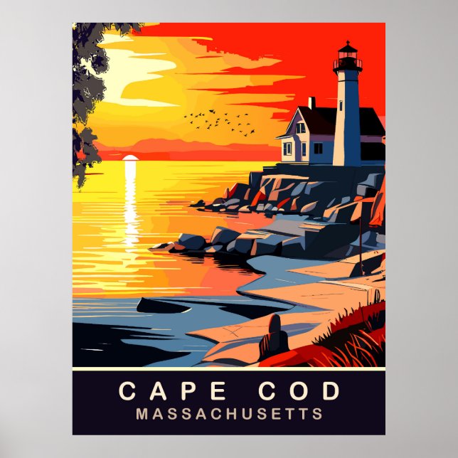 Póster Cape Cod, MA, Atardecer en la Costa, Viaje (Frente)