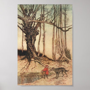 Póster Caperucita Rojo del vintage en bosque con el lobo