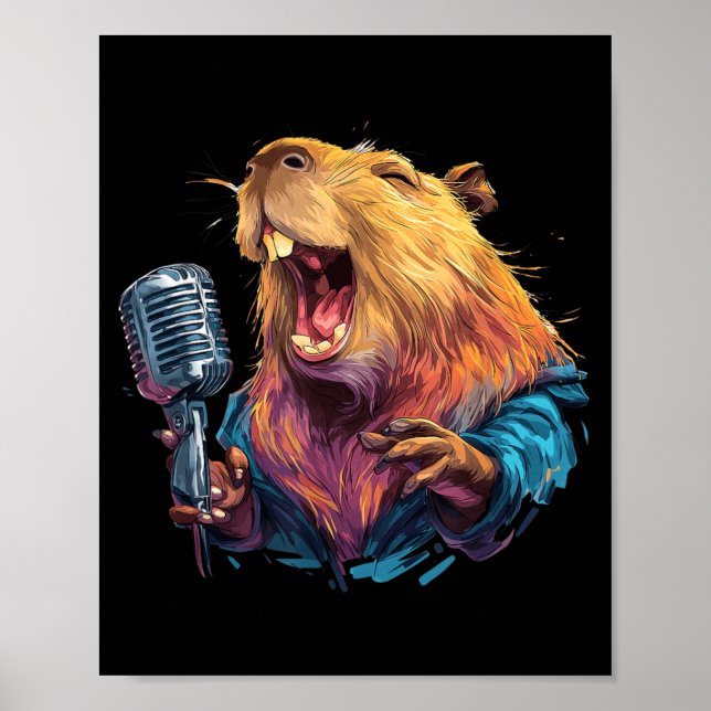 Póster Capibara Feliz Cantando con Micrófono para Amantes (Frente)
