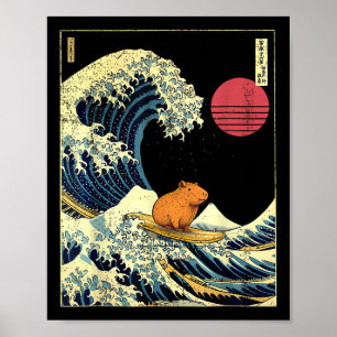 Póster Capibara japonés ola Kanagawa divertido surf anima