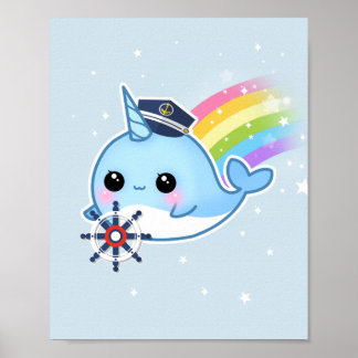 Póster Capitán cute kawaii narwhal con arco iris