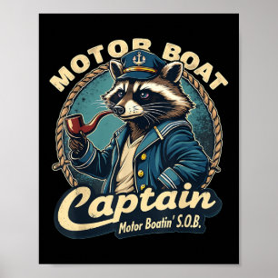 Póster Capitán de lancha motora divertido mapache náutico
