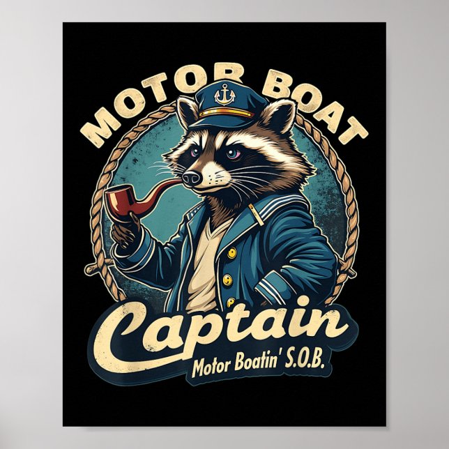 Póster Capitán de lancha motora divertido mapache náutico (Frente)