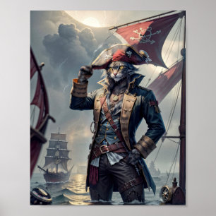 Póster Capitán Gato pirata en un galeón que se hunde -
