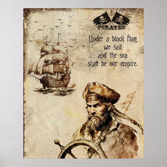 Póster Capitán y barco de piratas vintage (Frente)