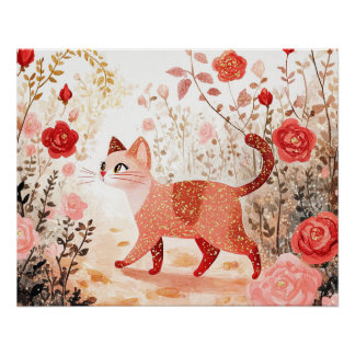 Póster Caprichoso. Gato en un jardín de rosas.