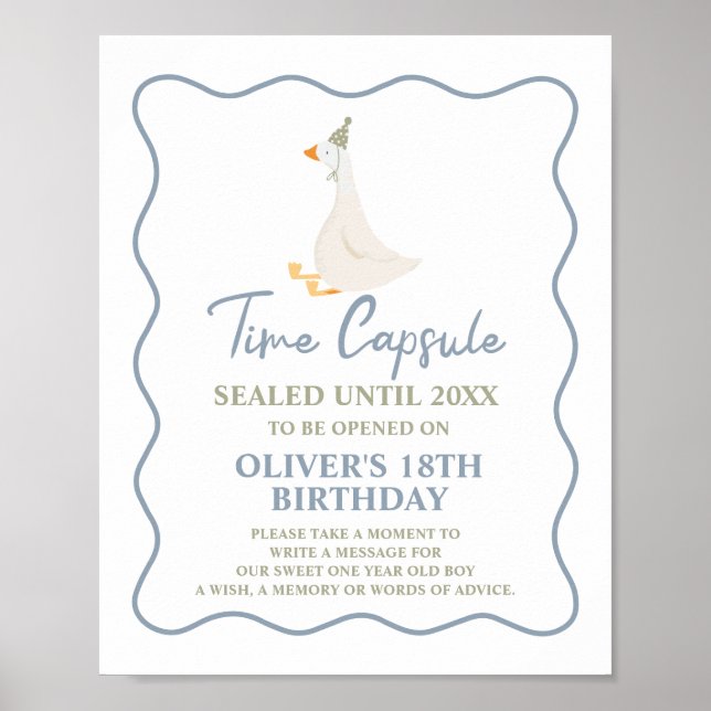 Póster Cápsula del primer cumpleaños del verde azul gooso (Frente)