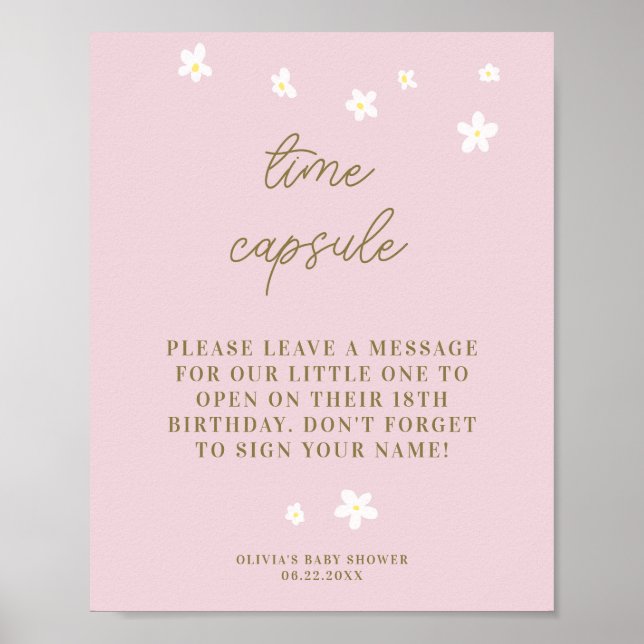 Póster Cápsula del tiempo Baby Shower Daisies Pastel Rosa (Frente)