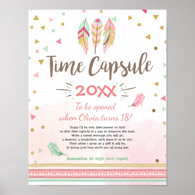 Póster Cápsula del tiempo Feathers Tribal Boho Chica Gold (Frente)
