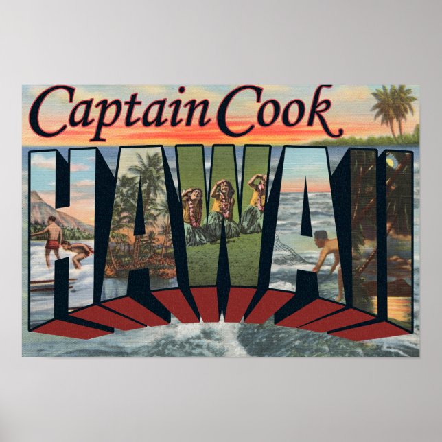 Póster Captain Cook, Hawaii - Escenas de letras grandes (Frente)