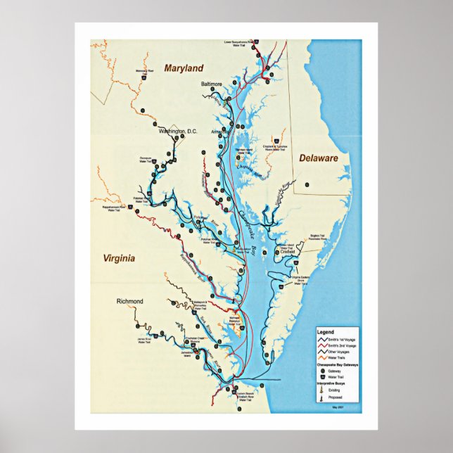 Póster Captain John Smith Chesapeake Trails Map (Frente)
