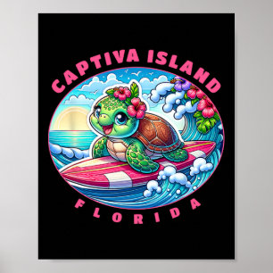 Póster Captiva Island Florida Chica Surfista Lindo Tortug