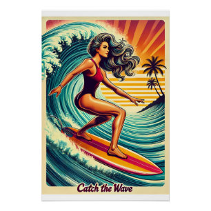 Póster Captura el arte del surf wave retro