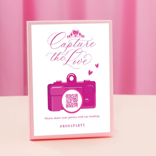 Póster Captura el código QR de la cámara rosa Quinceanera (Capture the Love Quinceanera Pink Camera QR Code Poster)