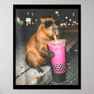 Póster Capybara bebiendo té helado de boba meme divertido