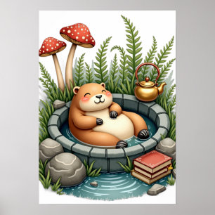 Póster Capybara de Cottagecore en Fuente Termal leyendo H